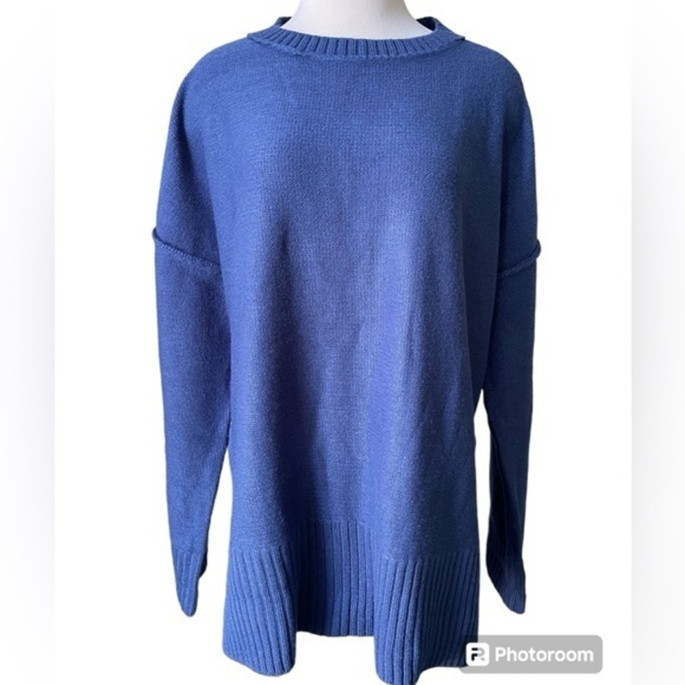 MEROKEETY Oversized Blue Crewneck Split Hem Sweater Reverse Stitching Size XL